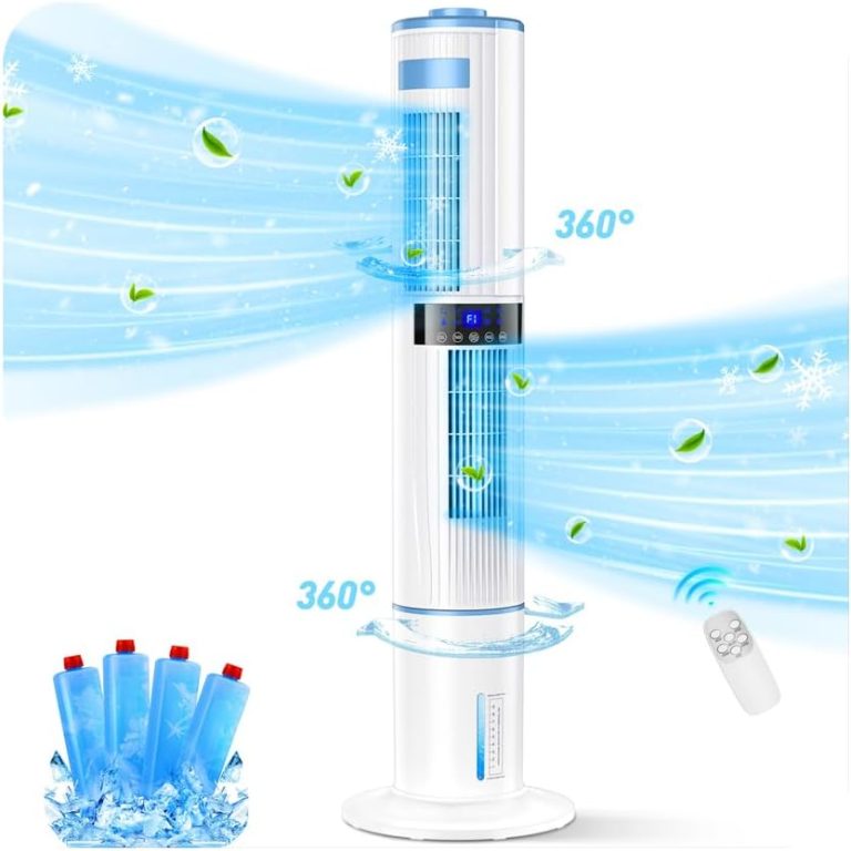 Climatiseur Mobile Silencieux Portable Rafraîchisseur d'Air, 2 Sorties d'Air avec Oscillation 360°, 65W, Minuterie 24H, 3 Modes, 3 Vitesses et Télécommande pour Chambre, Bureau et Salon