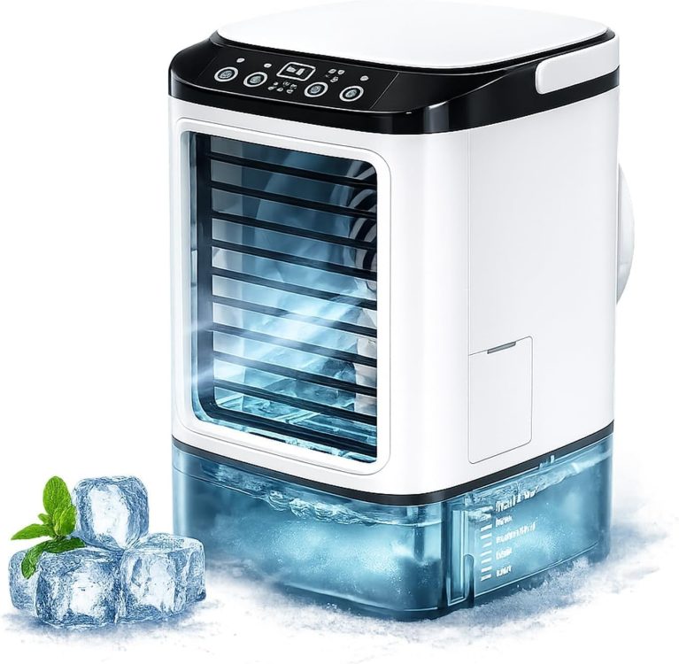 Rafraîchisseur d'Air Évaporatif Portable 4-en-1 avec Réservoir 900 ml, Ventile, Humidifie et Veilleuse LED, 4 Vitesses, Bac à Glace