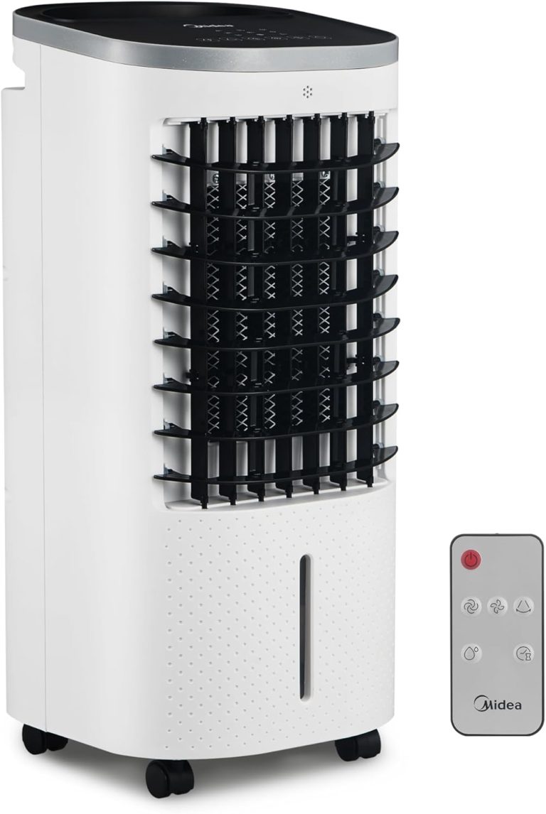 Midea Rafraîchisseur d'Air par Évaporation 65W, Réservoir 5L, Blanc, Débit d'Air 120 m³/h, Couvre jusqu'à 25 m², Ventilateur Silencieux, Roulettes Mobiles