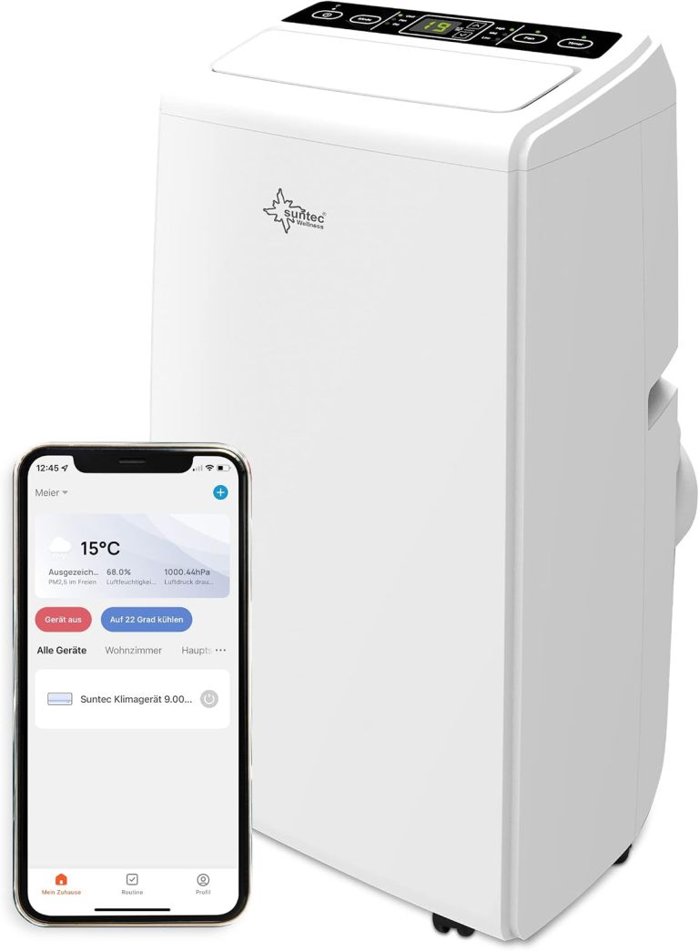 Suntec Climatiseur Mobile Silencieux Advance 12.0 - 12000 BTU Climatiseur Portable 4 en 1, Déshumidificateur, Ventilateur, Minuterie Programmable, 3,5KW, max~60 M2, Télécommande | Tuyau d'évacuation